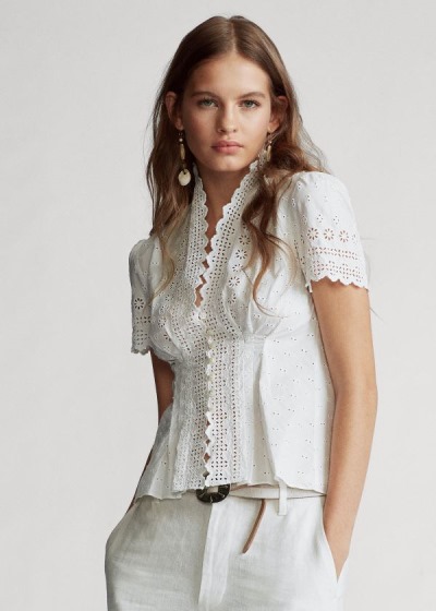 Polo Ralph Lauren Cotton Eyelet Peplum Bluse Dame Danmark (YLMOZ2795)